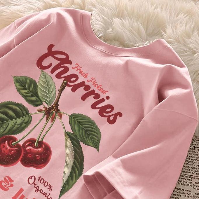 DE110 >> seoulprint S819 Khaki Hitam Biru Kaos Cherry Print Oversize Pria Model Regular Unisex Lenga