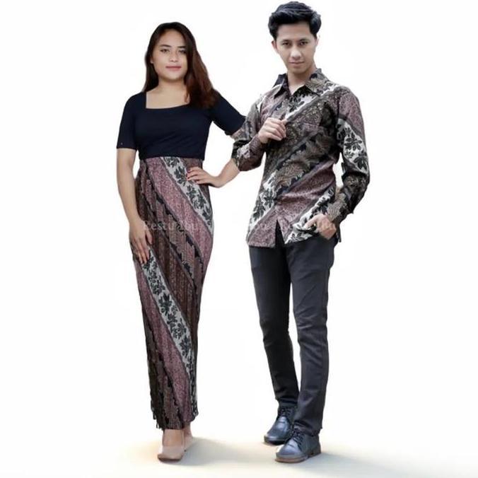 DF151 >> Stelan Couple Kemeja Lengan Panjang  Pria Dan Rok Plisket Wanita Motif Batik Cocok Untuk Ac