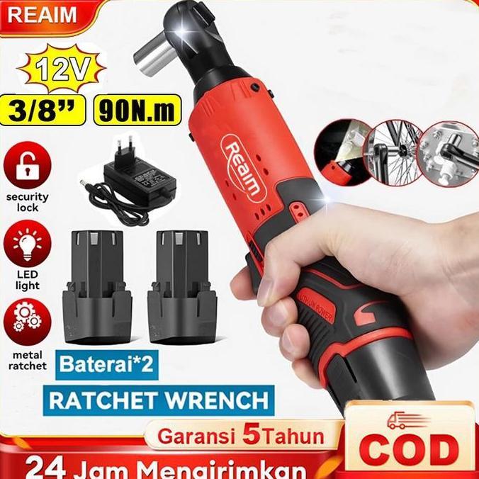 REAIM Kunci Rachet Listrik 12V 3/8" Cordless Electric Ratchet Wrench Set Torsi Kuat, Ringan & Prakti