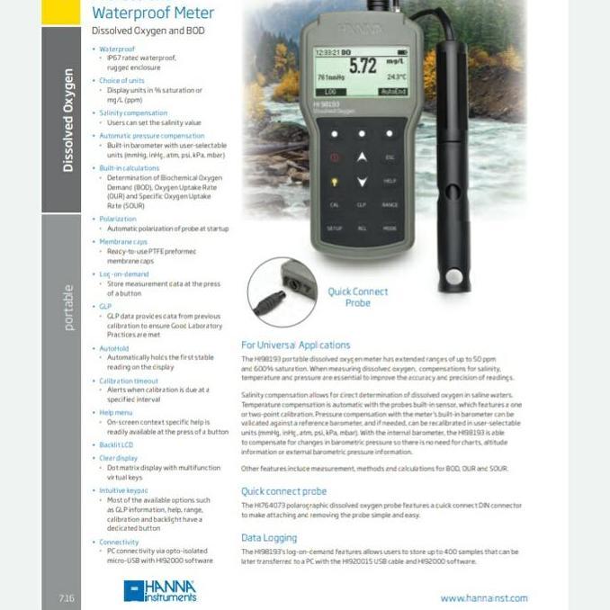 Hanna Instruments Hi-98193 Professional Waterproof Do And Bod Meter