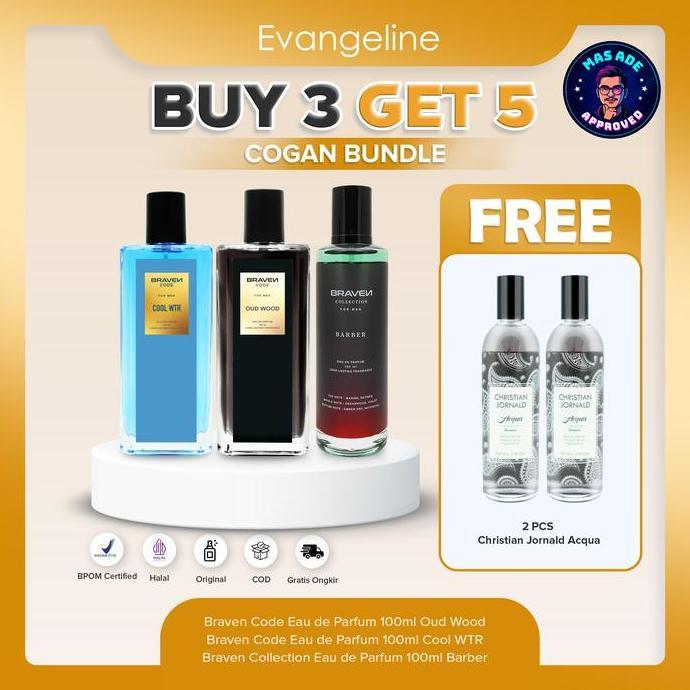Cogan Buy 3 Get 5Cowok Ganteng Bundle | Braven Eau De Parfum 100Ml - Cool Wtr - Barber - Oud Wood - 