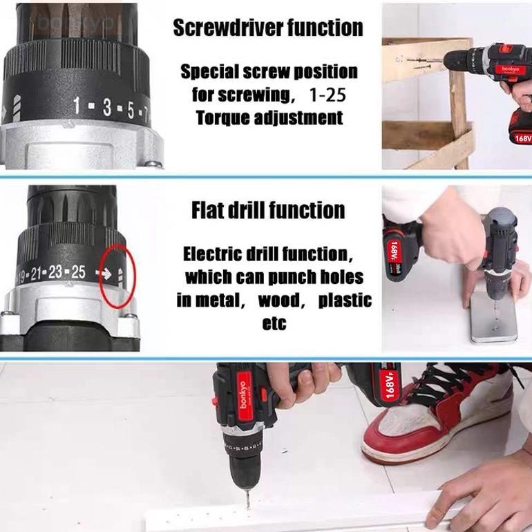 Bonkyo 168VF Mesin Bor Impact Drill / Bor baterai /Bor Listrik/Beton Besi Kayu Full  Set Pilihan Bor