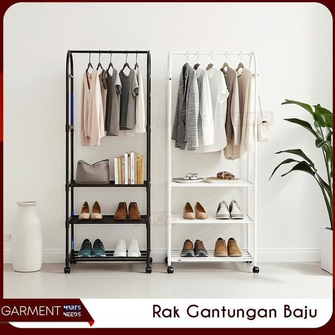 Rak Gantungan Baju Sepatu Portable 2 3 Susun Free Roda Penyimanan Tas Praktis Minimalis Modern Serba