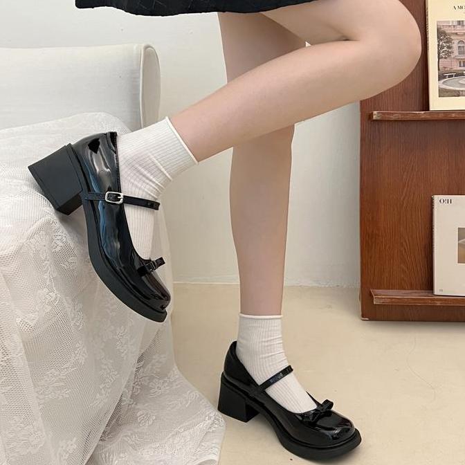 Sepatu Hak Tahu Tinggi 5cm High Block Heels Wanita Mary Jane Tali Import Pesta Hitam Korea Murah Pre