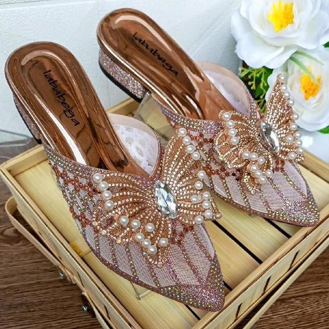 Sandal Mules Pesta Wanita Bahan Brukat Glitter Permata Import Heels Hak 3cm Size 36-41 | Lababega Sh