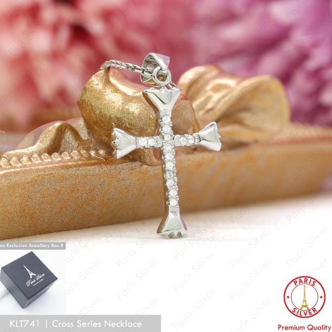 Kalung Salib Perak Asli Permata Silver 925 Lapis Emas Putih Wanita Cewek Bandul Salip
