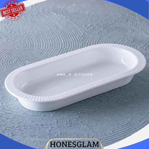 Unik Piring Oval Keramik Putih Cekung 12.5" Texture Garis