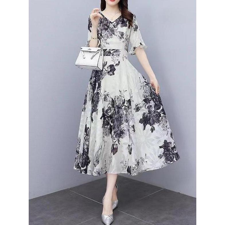 Midi Dress Gaun Sifon Jacquard Tinggi Korea Slim Casual Floral Bahan