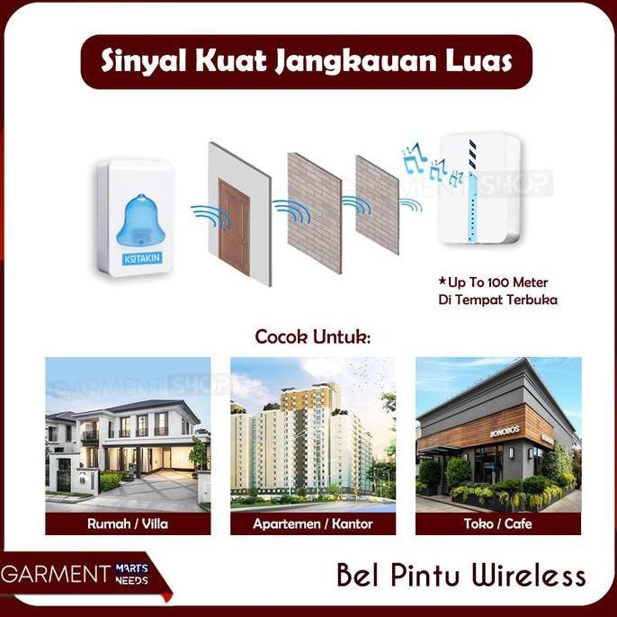 Bel Pintu Wireless Listrik Baterai Door Bell 18 Musik Bel Rumah Tanpa Kabel Waterproof Merek Kotakin