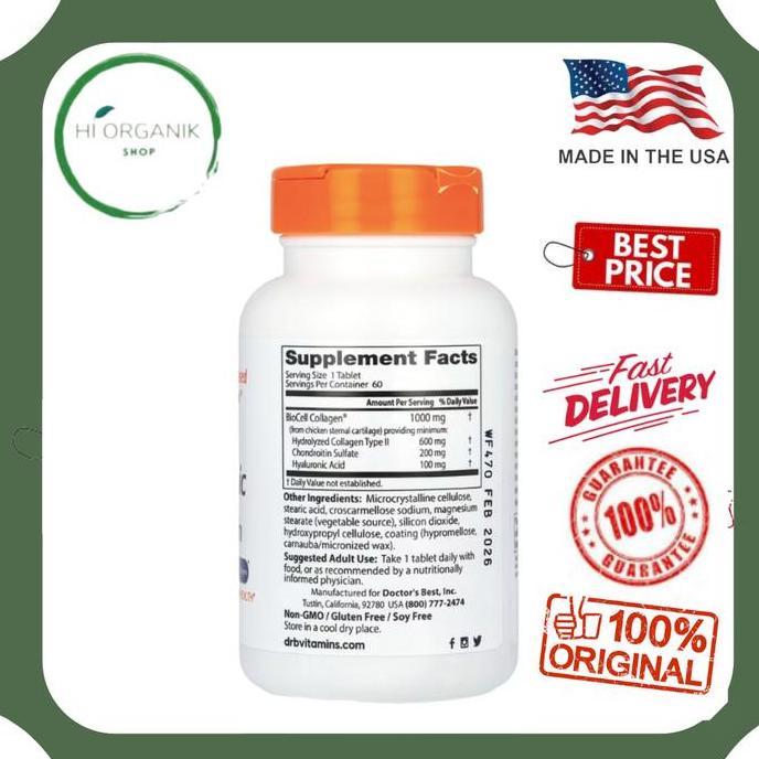 Doctor'S Best Hyaluronic Acid + Chondroitin Sulfate With Biocell Collagen 60 Tablets Original