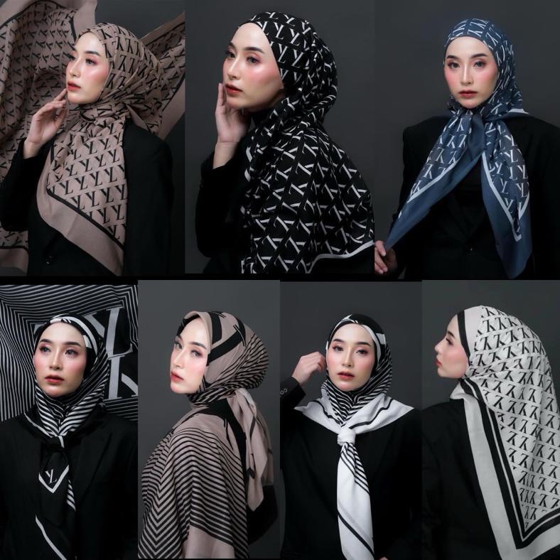 (Pakai POUCH) Hijab Segiempat Monogram LY Lily Jilbab Voal Branded LY Bahan Voal Lasercut