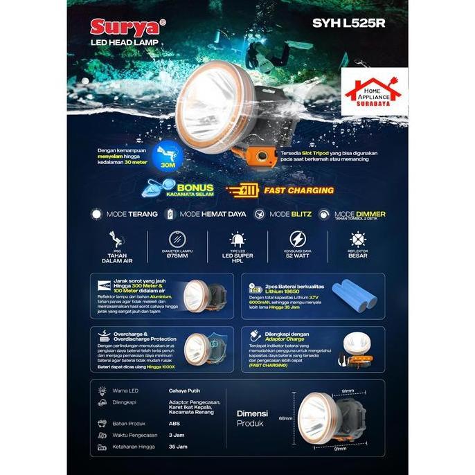 BEBAS ONGKIR - SURYA Senter Kepala Selam LED 52W SYH L525R Cahaya Putih 3.7V 6000mAh Tahan 35 Jam Bo