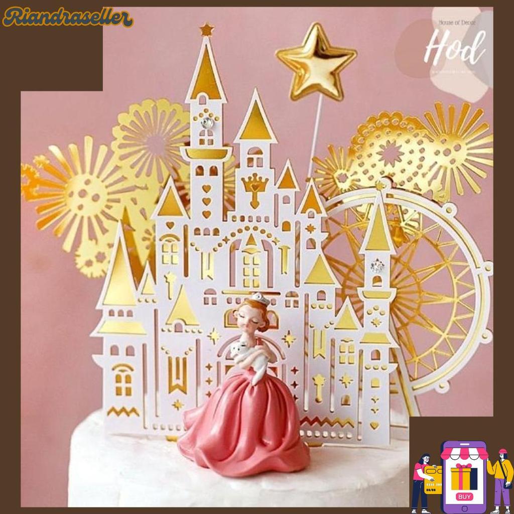 Cuci Gudang Topper Akrilik Castle Firework Ferris Wheel White Gold Kembang Api Bianglala Kastil Ista