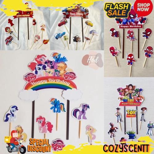 Promo Topper Hbd Karakter Set Hiasan Kue Kartun Tulisan Happy Birthday Dekorasi Cake Spiderman / Car