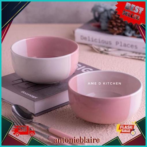 Langsung Kirim Mangkok Sup Bulat Keramik Two Tone Pink