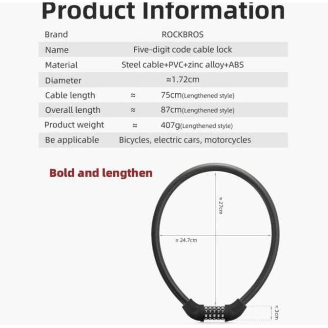 Rockbros Rks870 Black Kunci Gembok Sepeda 87Cm Bicycle Bike Lock Steel