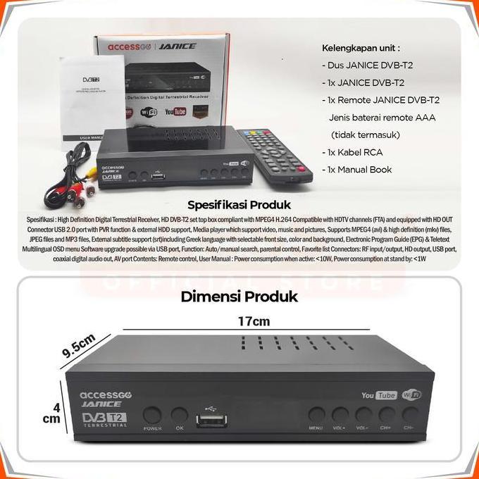 Set Top Box Paket Komplit DVB-T2 STB Janice U-002 TV Box Digital Full Metal Body