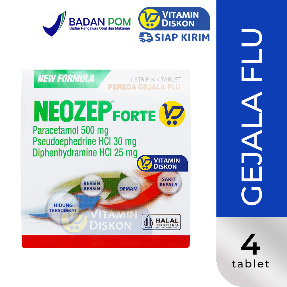 NEOZEP FORTE - 1 STRIP ISI 4 TABLET | Pereda Flu, Pilek, Demam, Sakit Kepala