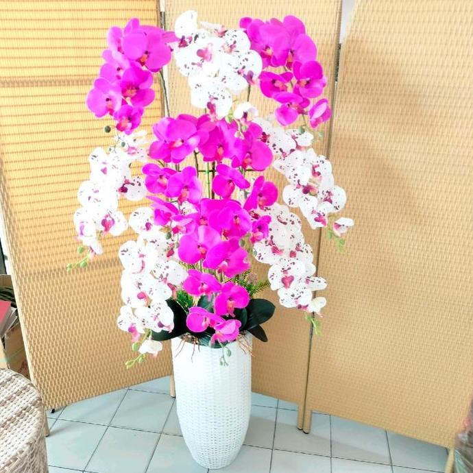 BUNGA ANGGREK LATEX SUDUT POT ROTAN ARTIFICIAL DEKORASI HIAS CO