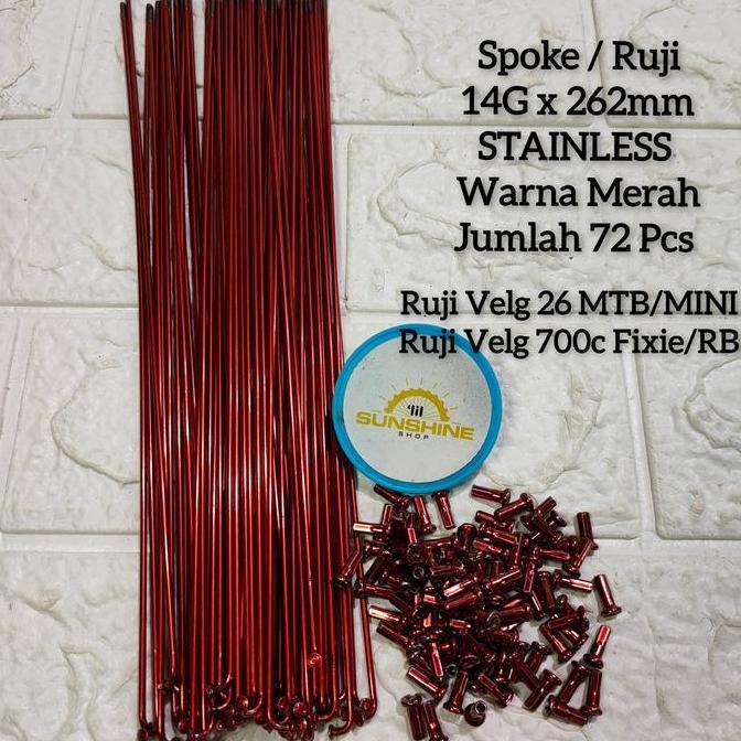 Spoke Ruji Jari 262mm STAINLESS Warna Merah RED 14G x 262 Untuk Velg Rims Sepeda Roadbike Fixie 700c
