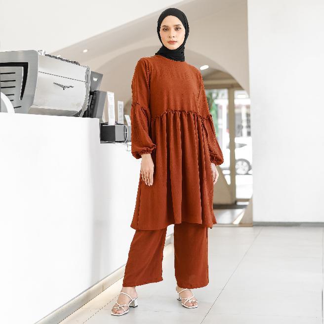 NEMOKITS Ciara Set Gamis Wanita Setelan Elegan Nyaman Stylish Warna Merah Bata Daily Wear All Size