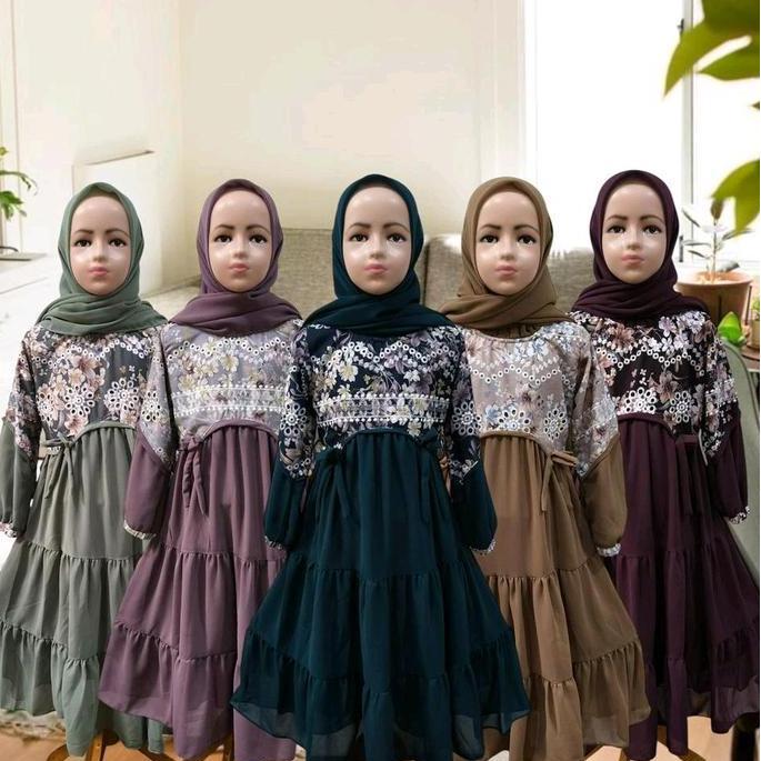 Delisha Gamis Muslim Hijab Anak Perempuan Bahan Ceruty Babydoll mix Katun Bordir/ Gamis Anak usia 3 