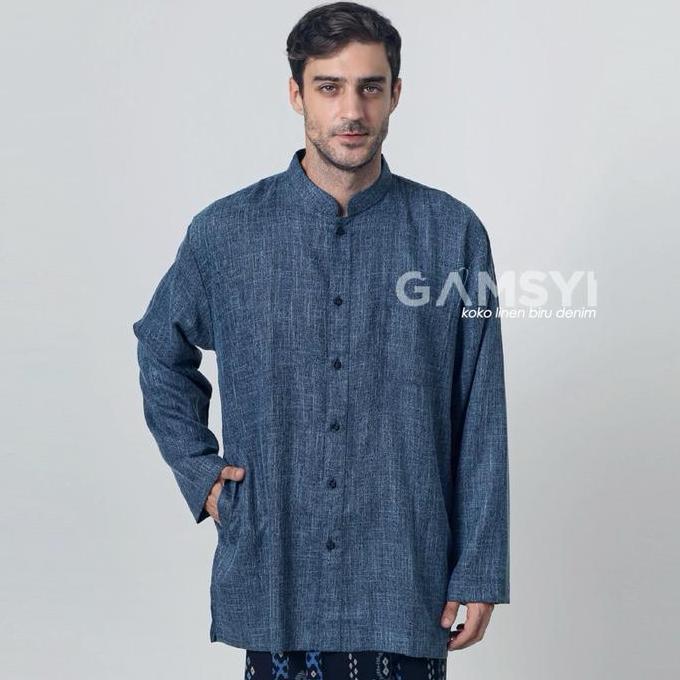 Baju koko linen polos habaib kerah samghai/ Koko Gamsyi lengan panjang Putih Muslim Pria Casual Nyam