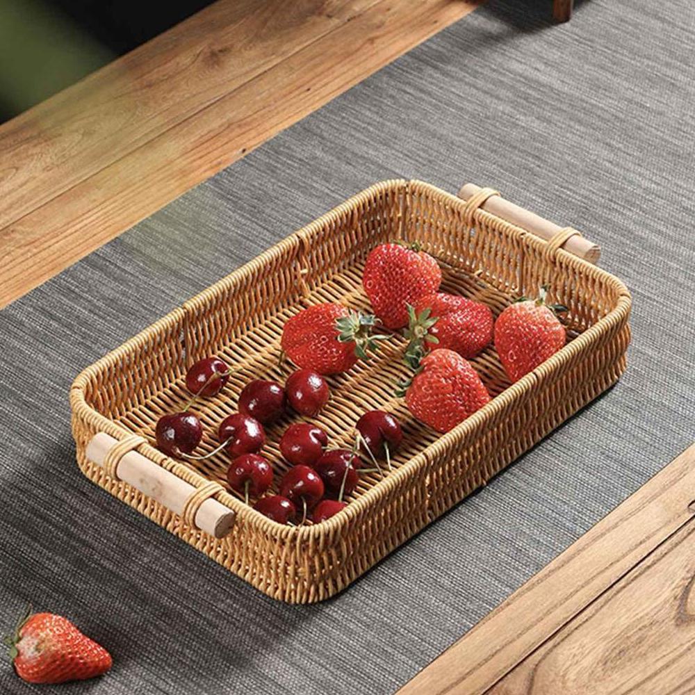 Keranjang Buah dan Roti Bahan Rotan Desain Aesthetic dengan Gagang Kayu Fruit Tray Basket 30x20cm