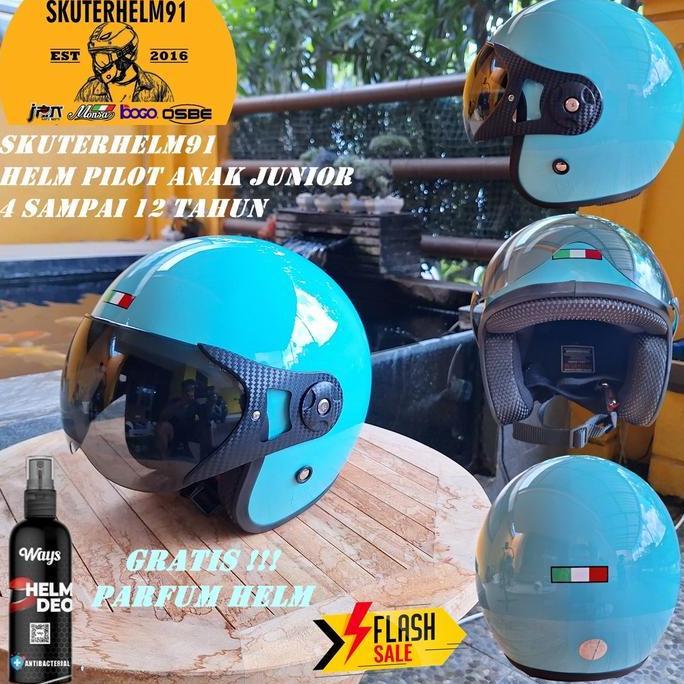 Helm Anak Pilot Retro Junior Half F SNI 4 sd 12 Tahun Hijau Pastel