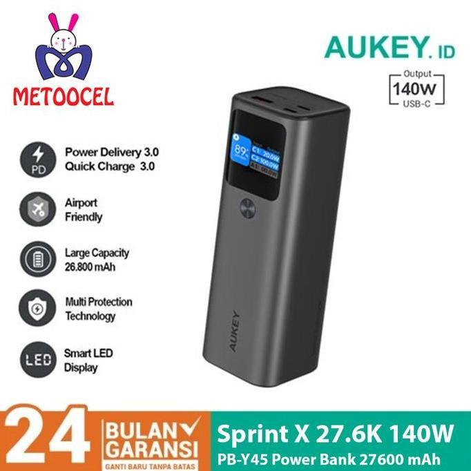 AUKEY Powerbank 26800mah PB-Y45-GY USB C 140W PD 3.1 PPS Led