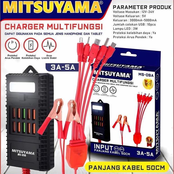 Charger Aki DC Adaptor Pengisi Daya 10 Port USB 5A Cas HP Aki Motor Dan Mobil 12v-24v  Mitsuyama MS-