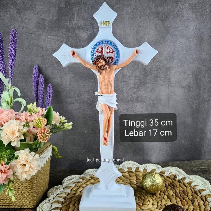 =====] Salib Duduk Meja Benediktus Kapak Yesus 35 cm putih