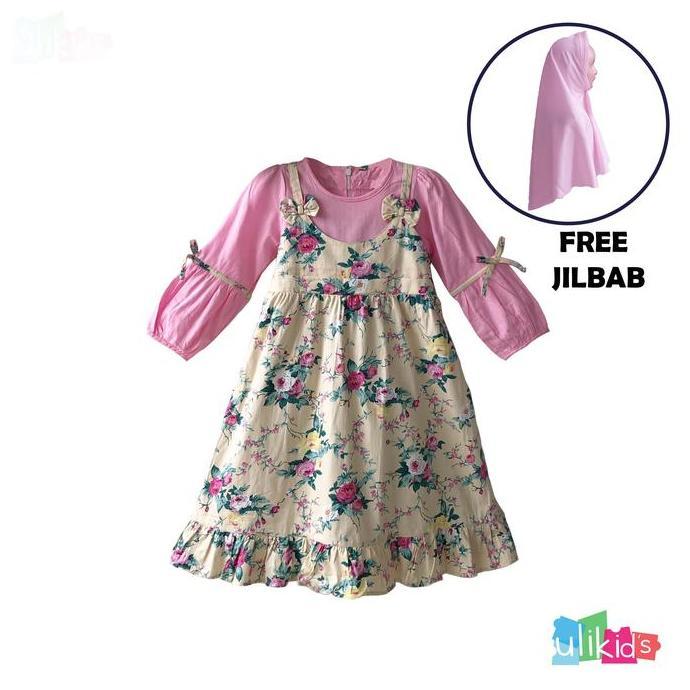 NEW ULIKIDS GAMIS ANAK DAN HIJAB BAHAN KATUN JEPANG MOTIF BUNGA ORI