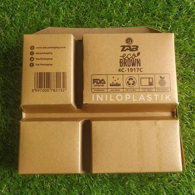 New- Lunch box sekat 4 Coklat Eco kraft laminasi / Paper Lunch Box Kraft Sekat 4