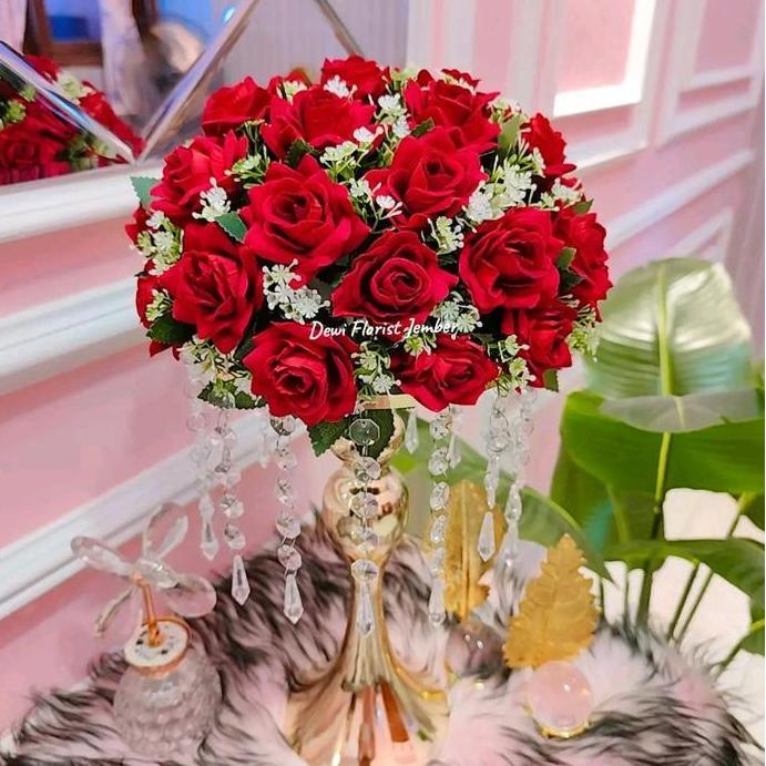 Bunga Mawar Vas Gold Kristal Dekorasi Ornamen Rumah