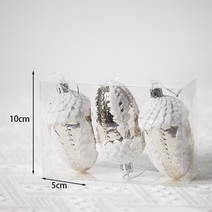 3pcs Hiasan Natal Silver Acorn Biji Pohon Ek ornamen Gantungan Pohon Natal Dekorasi Christmas Tree -