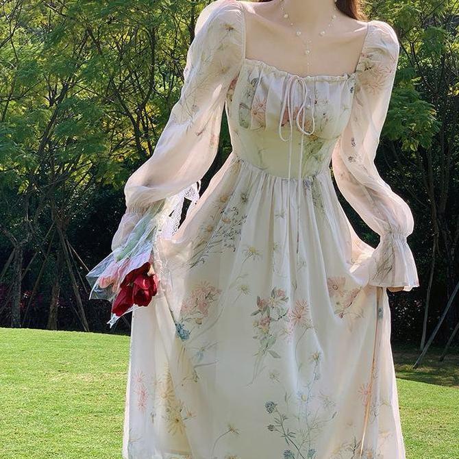 25OCLOCK - Dress Floral Casual Sifon Lengan Panjang Wanita / Dress Bunga Fairy Picnik Maxi / Gaun Ca