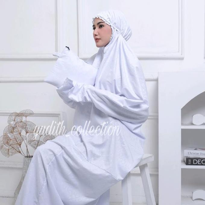 YUDITH - Mukena Terusan Dewasa Katun Embos Motif Bunga Free Tas Kain Lembut Putih Renda