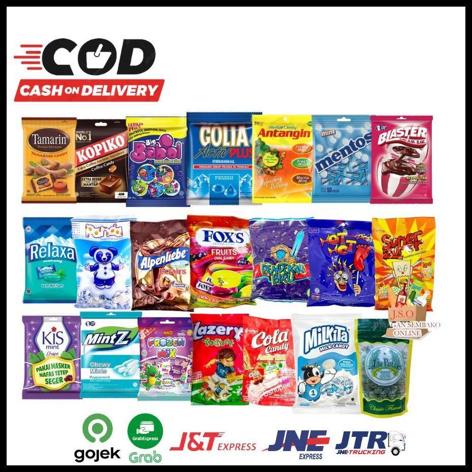 (JSO) PERMEN ANEKA JENIS 1 PACK GOLIA MENTOS FOX KISS PANDA TAMARIN APENLIEBLE PENDEKAR BIRU RELAXA 