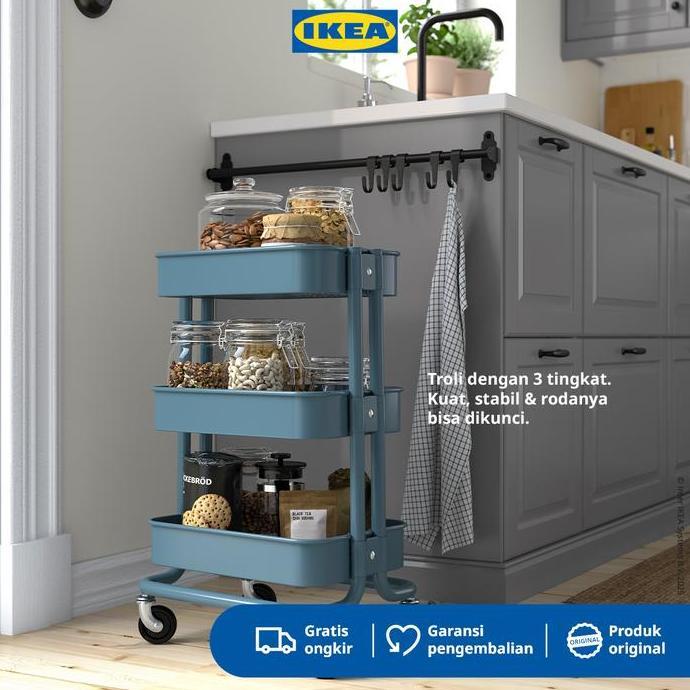IKEA RASKOG Troli Dapur Serbaguna Abu-Biru 28x38x61cm .