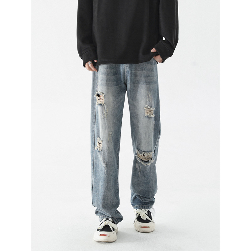 DISAI Celana Jeans Sobek Pria Celana Denim Panjang Robek Ripped Cowok Versi Korea Pants K501A
