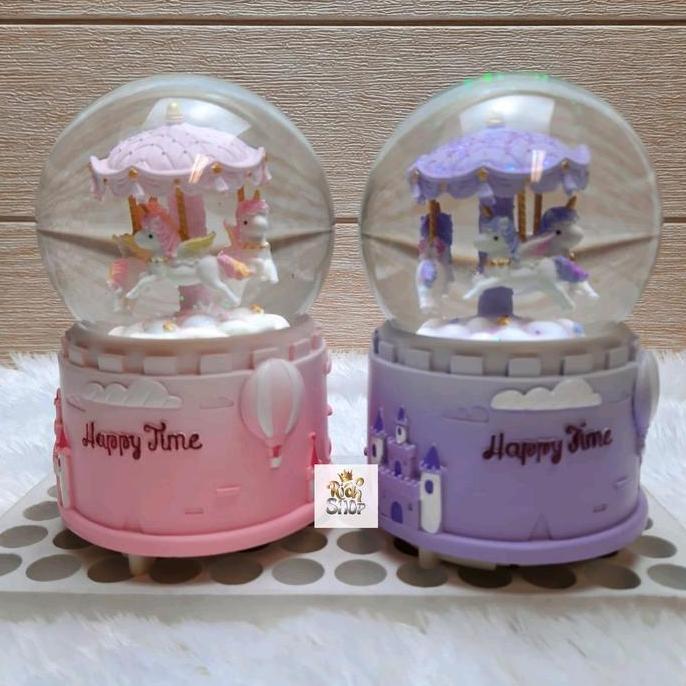 Snowball Unicorn Kotak Musik Lampu Bola Air Kaca Kristal Salju Snowglobe Waterball