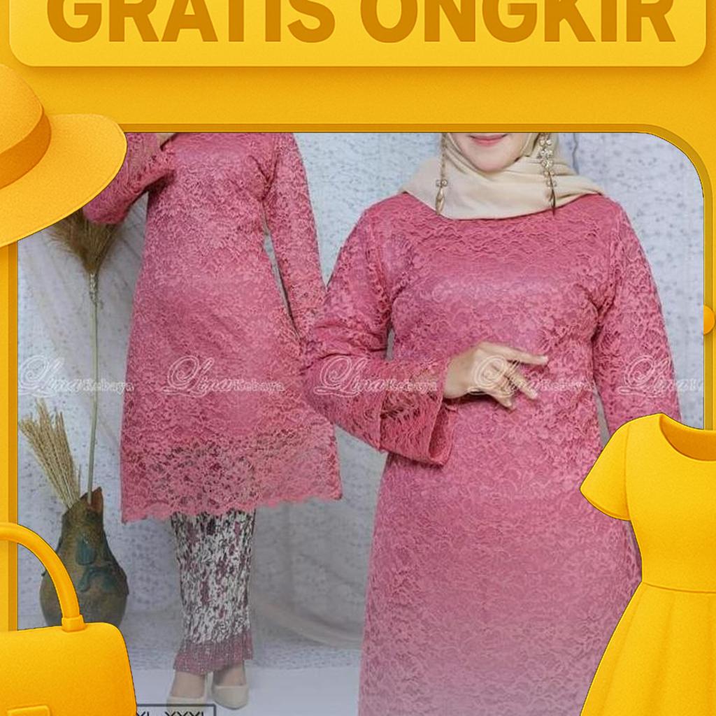 Setelan Kebaya Brokat Tunik Jumbo - Kebaya Brokat Big Size Ld 130
