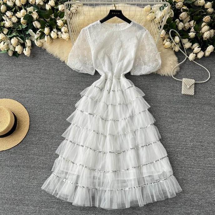 Flower Lace Tutu Midi Dress Casual Gaun Wanita Pink/Putih/Merah Bunga Floral Pesta Elegant Luxury Ko