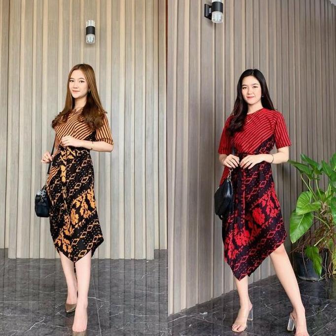 Dress Lancip Tenun Troso Batik Salur Songket Asimetris Batik Midi Etnik Kerja Kondangan Pesta Fit Ka