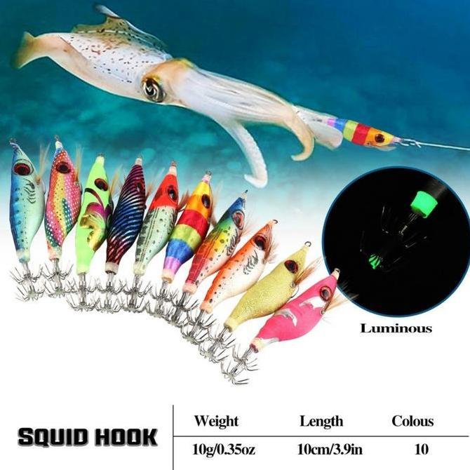 Set Umpan Pancing 10 Buah Umpan Pancing Bercahaya Kait Jig Cumi Kit Umpan Putar Buatan Udang Kayu Ik