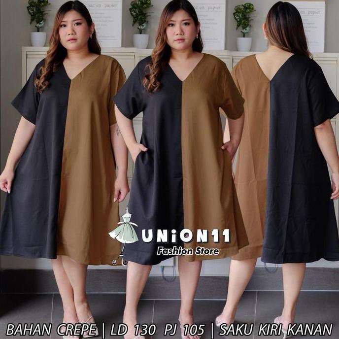 Union11 - Dress Wanita Jumbo Xxxxl / Gaun Casual Big Size Ld 130 CM Muat Sampai Bb 95 Kg / Baju Midi