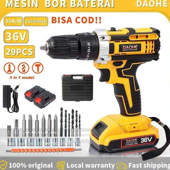 DAOHE Mesin Bor Baterai 36vf 25+3 Cordless Impact Lengkap 2 Baterai Fullset Koper 35NM 10MM Chuck 10