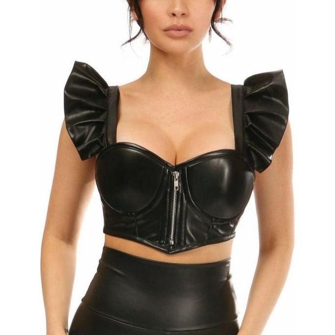 Dzakileather-Wanita Korset Kulit Atasan Crop Bustier Gothic Bra Korset Lingerie Seksi Korset Pendek 