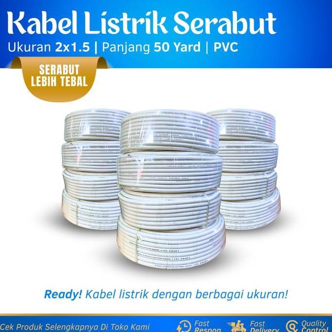 Kabel Listrik Serabut 2X1.5Mm 1 Roll 50 Yard Kabel Listrik Tembaga Murni 2X1.5 Warna Putih Kabel Lis